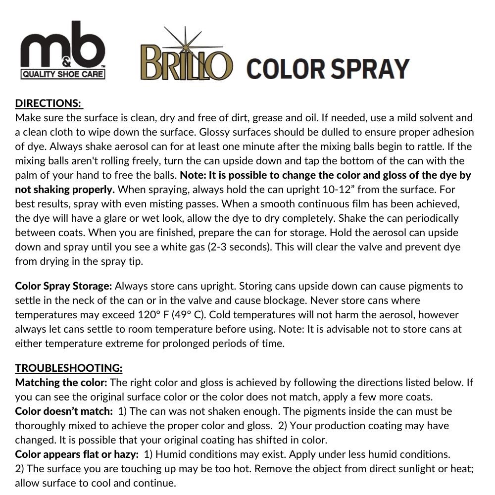 BRILLO Shoe Color Spray Leather Paint/Dye Leather & Vinyl Coloring -  Waterproof - ALL COLORS